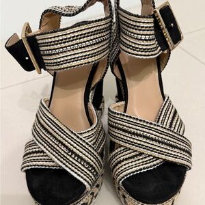 Striped Black and Cream Woven Platform Sandals with Ankle Buckle